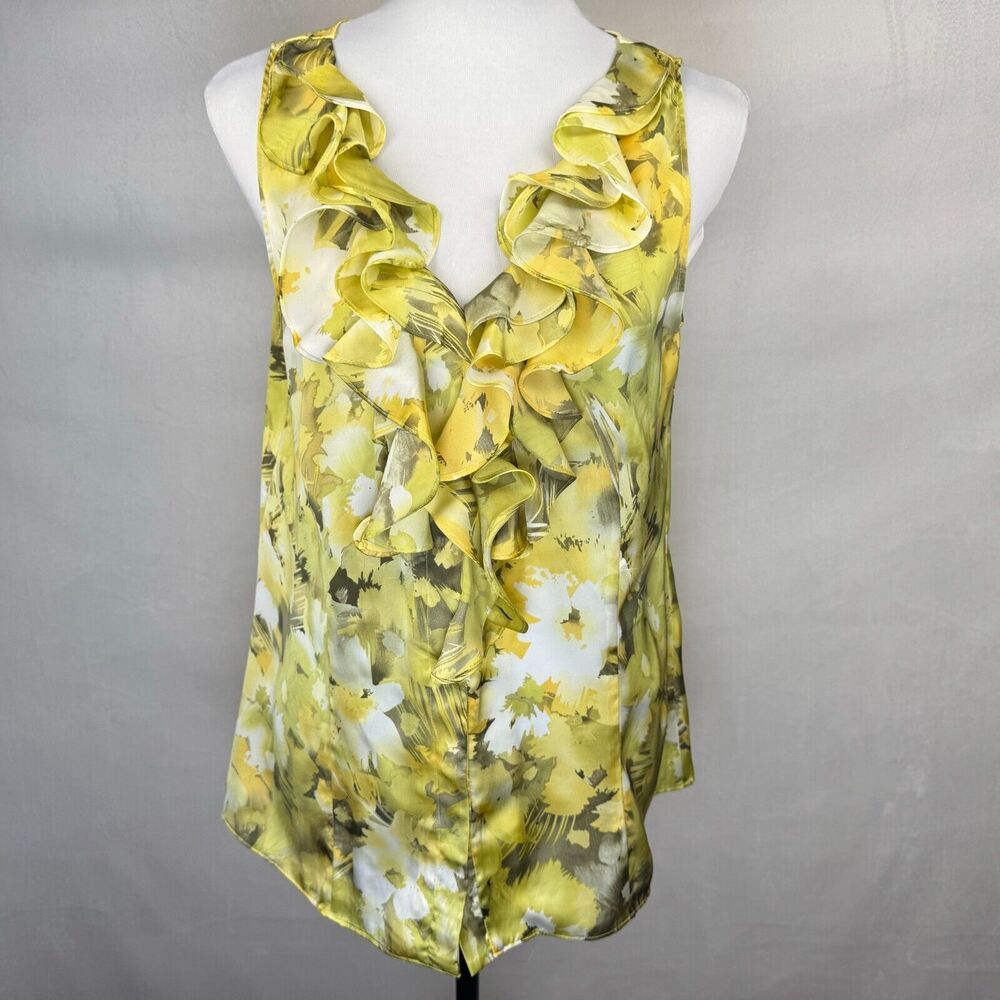 Anne Klein Blouse Sz M Yellow Ruffle VNeck Collar Sleeveless  Button Up Colorful